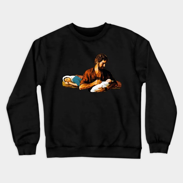 St. Joseph holds baby Jesus while Our Lady sleeps No Background Crewneck Sweatshirt by Brasilia Catholic